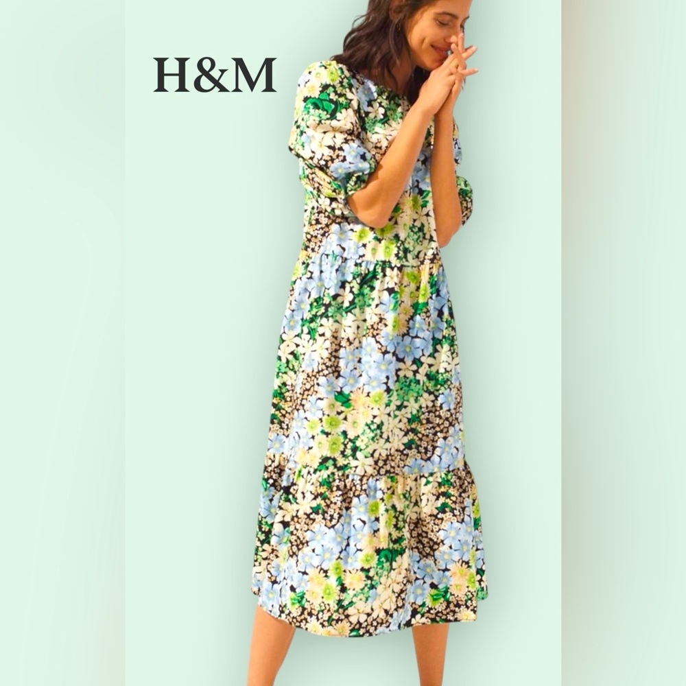 H&M Women’s Floral Blue Green Cotton Oversized Puff Sleeve Flowy Dress - Size M